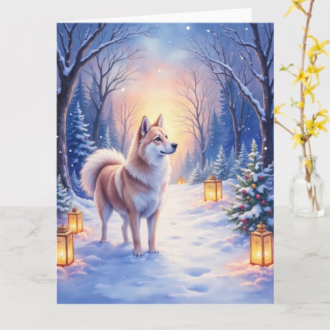 Peaceful Akita on Snow Lantern Path Christmas Dog  Kort (Gul blomma)