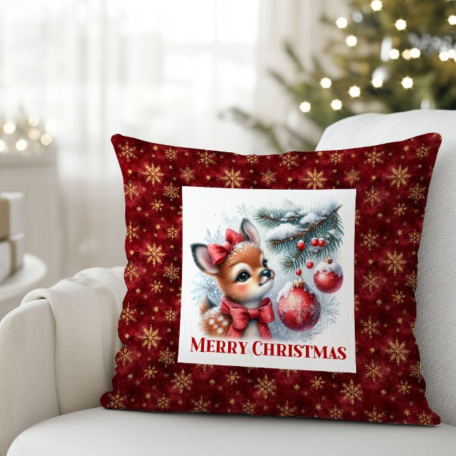 Peaceful baby deer Christmas scene snowy kids room Kudde (Peaceful baby deer Christmas scene snowy kids room decor)