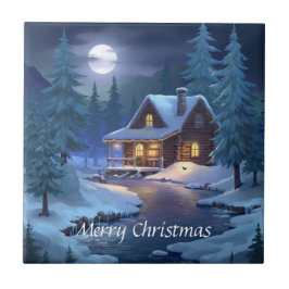 Peaceful Cabin in Winter Forest Kakelplatta