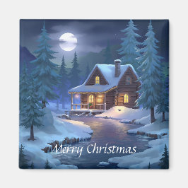 Peaceful Cabin in Winter Forest Magnet