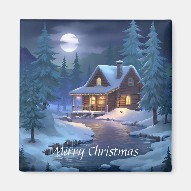 Peaceful Cabin in Winter Forest Magnet (Framsidan)