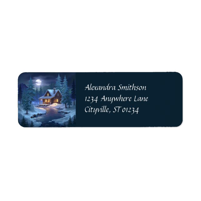 Peaceful Cabin in Winter Forest Returadress Etikett (Framsidan)