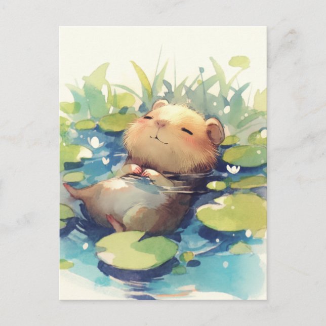 Peaceful Capybara Floating in Water Lily Pond Vykort (Framsida)