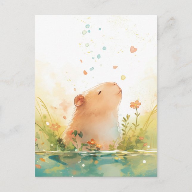 Peaceful Capybara with Heart and Falling Petals Vykort (Framsida)