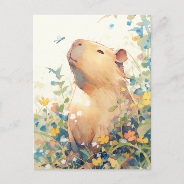 Peaceful Capybara with Small Blue Bird Vykort (Framsida)