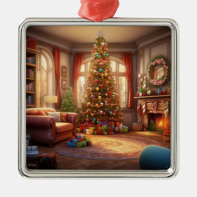 PEACEFUL CHRISTMAS MORGON MED TRÄD OCH PRESENTER JULGRANSPRYDNAD METALL (Framsidan)