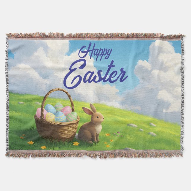 Peaceful Easter Spring Meadow Bunny & Egg Basket Filt (Framsidan)