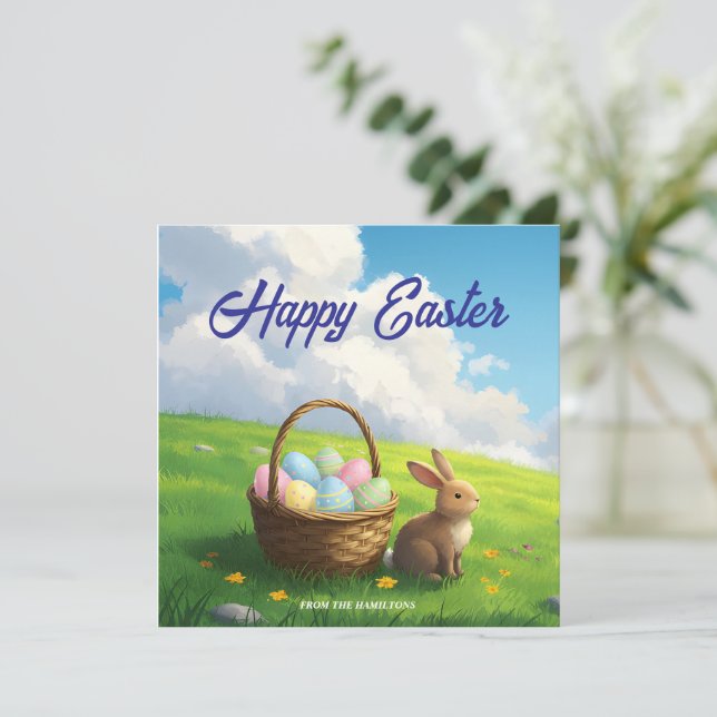 Peaceful Easter Spring Meadow Bunny & Egg Basket Julkort (Stående Fram)