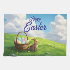 Peaceful Easter Spring Meadow Bunny & Egg Basket Kökshandduk