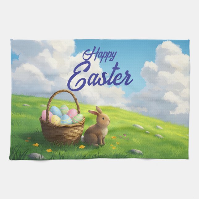 Peaceful Easter Spring Meadow Bunny & Egg Basket Kökshandduk (Horisontell)