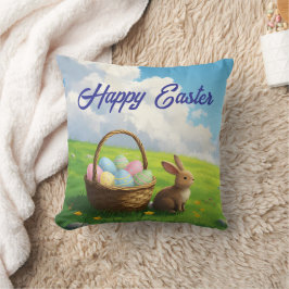 Peaceful Easter Spring Meadow Bunny & Egg Basket Kudde