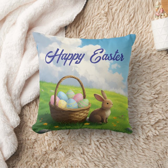 Peaceful Easter Spring Meadow Bunny & Egg Basket Kudde (Filt)