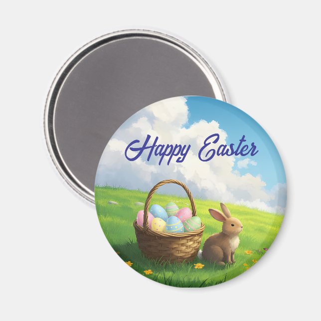 Peaceful Easter Spring Meadow Bunny & Egg Basket Magnet (Front/Back)