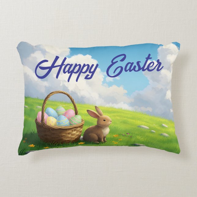 Peaceful Easter Spring Meadow Bunny & Egg Basket Prydnadskudde (Framsidan)