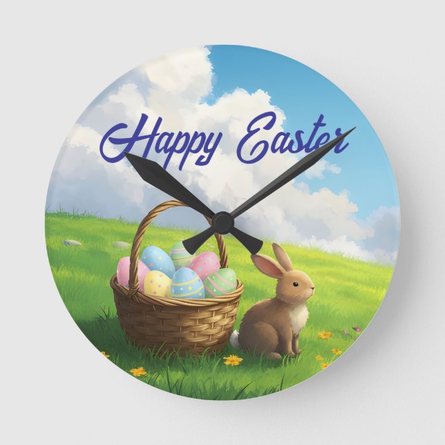 Peaceful Easter Spring Meadow Bunny & Egg Basket Rund Klocka (Framsida)