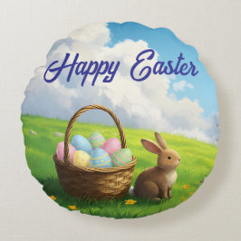 Peaceful Easter Spring Meadow Bunny & Egg Basket Rund Kudde