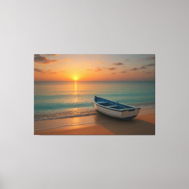 Peaceful Golden Sunset with Boat on Beach Canvas (Framsida)