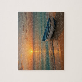 Peaceful Golden Sunset with Boat on Beach Puzzle Pussel