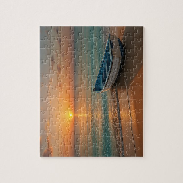 Peaceful Golden Sunset with Boat on Beach Puzzle Pussel (Vertikal)