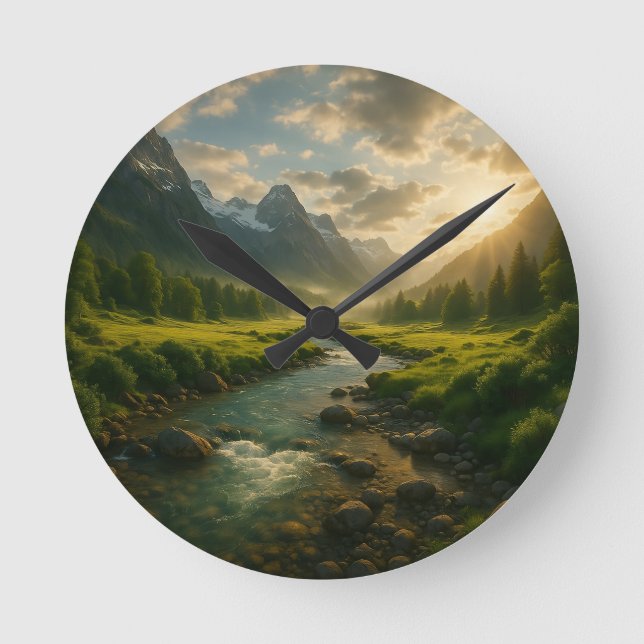Peaceful Mountain River Landscape Nature Clock  Rund Klocka (Framsida)
