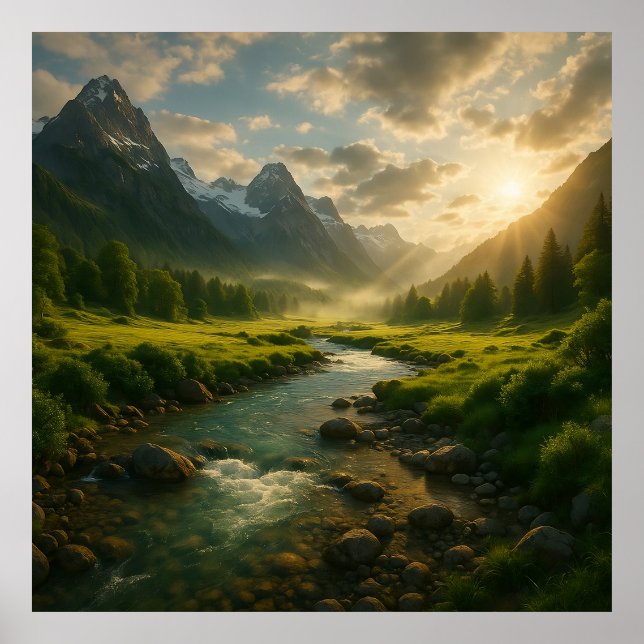 Peaceful Mountain River Landscape Nature Poster Wa (Framsidan)