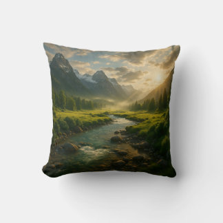 Peaceful Mountain River Landscape Throw Pillow Kudde