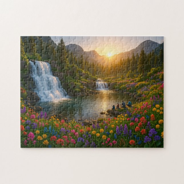 Peaceful Mountain Waterfall Puzzle with Sunrise  Pussel (Horisontell)