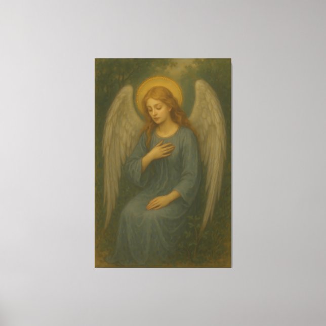 Peaceful Prayer Angel – Golden Halo White Wing Gua Canvastryck (Framsida)