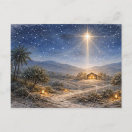 Peaceful Watercolor Nativity Star Over Bethlehem Helg Vykort