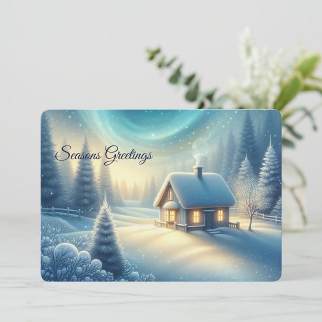 Peaceful Winter Cabin Seasons Greetings Flat Card  Julkort (Stående Fram)