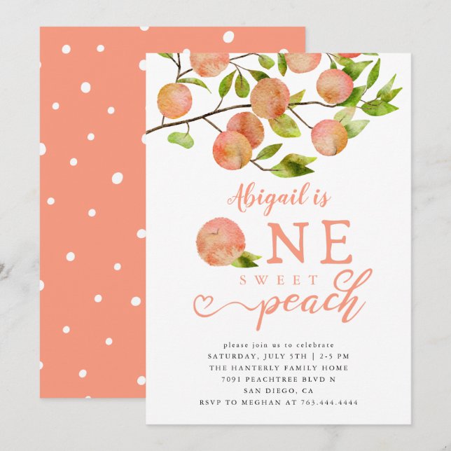 Peach 1:a födelsedag Party Inbjudningar (Fram/baksida)