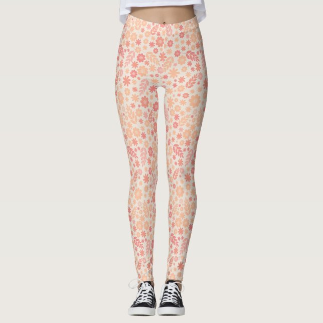 Peach Airy Wildblomme Meadow Mönster Leggings (Framsida)