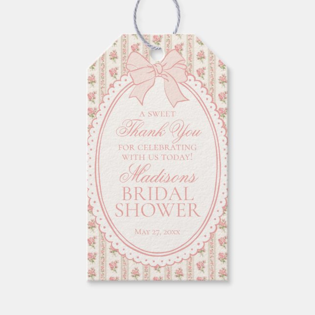 Peach and Beige Fancy Floral Bridal Shower Favors Presentetikett (Framsidan)