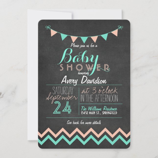 Peach and Mint Bunting Flagga Chalkboard Baby Show Inbjudningar (Framsida)