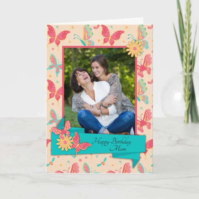 Peach and Teal Butterflies Birthday Card för Mamma Kort (Framsida)