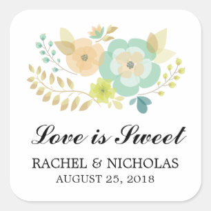 Peach and Teal Sheer Summer Flowers Favor Fyrkantigt Klistermärke