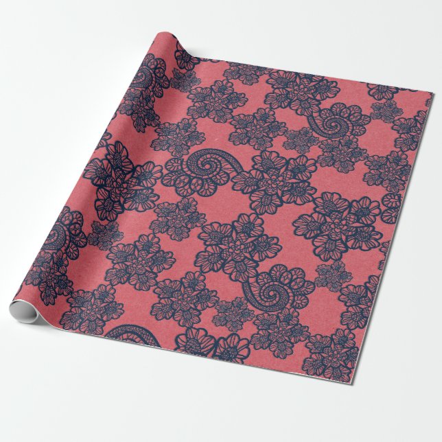 PEACH APRICOT NAVY SNÖRE MÖNSTER WRAPPP PAPPER PRESENTPAPPER (Utrullad)