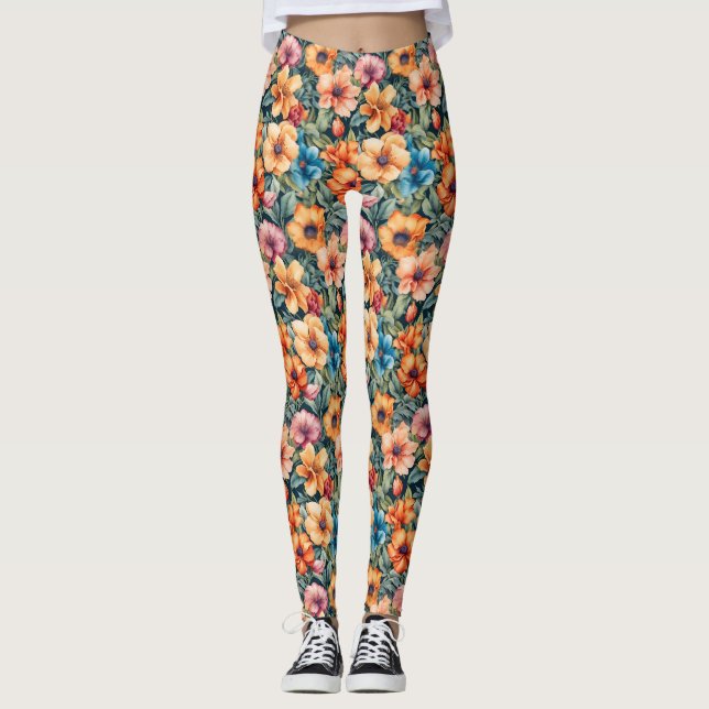 Peach Apricot och Mauve Blommigt Leggings (Framsida)