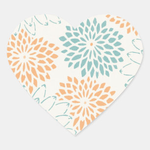 Peach Aqua Blommigt Blommar Hjärtformat Klistermärke