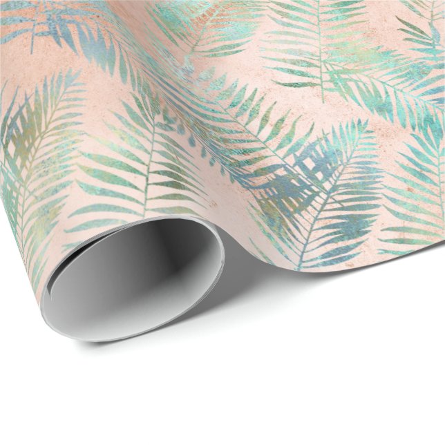 Peach Aqua Grönt Tropical Löv Presentpapper (Rullad Hörn)