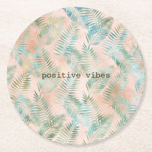 Peach Aqua Grönt Tropical Löv Underlägg Papper Rund (Framsidan)