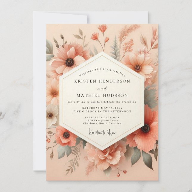 Peach Artful Meadow Wedding Inbjudningar (Framsida)