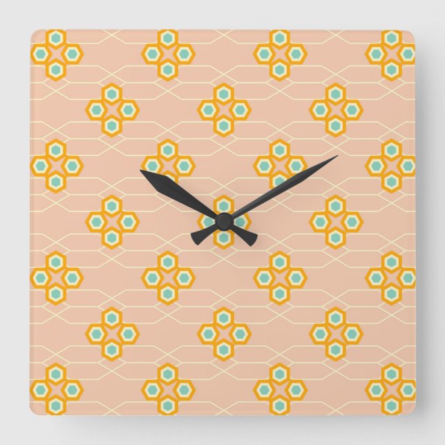 Peach background hexagonal floral pattern  fyrkantig klocka (Framsida)