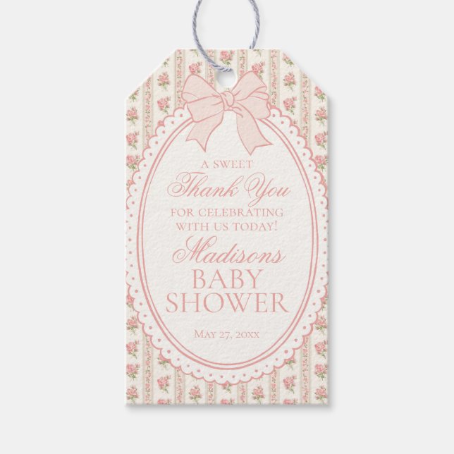 Peach & Beige Fancy Floral Baby Shower Favors Presentetikett (Framsidan)