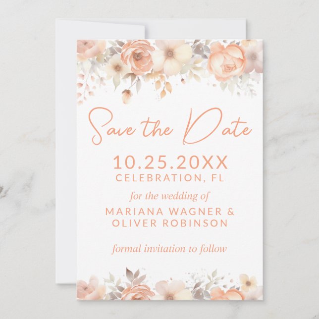 Peach Beige Flowers on White Save Date Card Inbjudningar (Framsida)