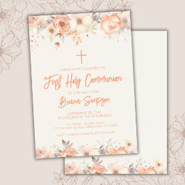 Peach Beige Ivory Blommigt First Heliga Communion Inbjudningar