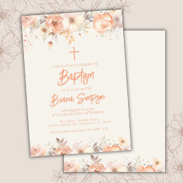 Peach Beige Ivory Flowers Blommigt Baptism Inbjudningar