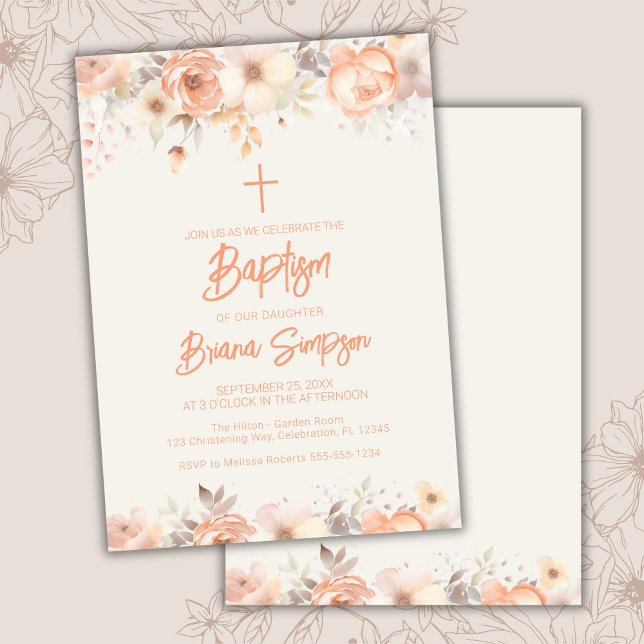 Peach Beige Ivory Flowers Blommigt Baptism Inbjudningar (Skapare uppladdad)