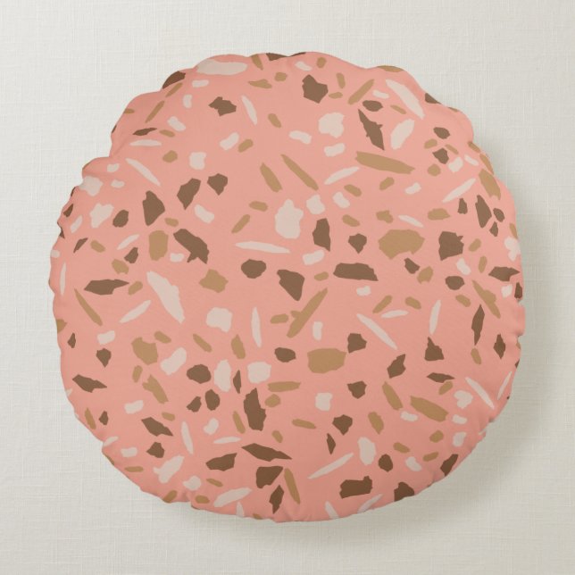 Peach Beige Tan Brown Terrazzo Marble Mönster Rund Kudde (Framsidan)