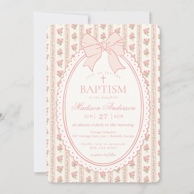 Peach & Beige Vintage Fancy Floral Baptism Inbjudningar (Framsida)